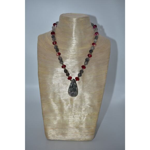 Geode Pendant Necklace Natural Cracked  Statement Red Crystal Beaded BinA - Picture 5 of 12